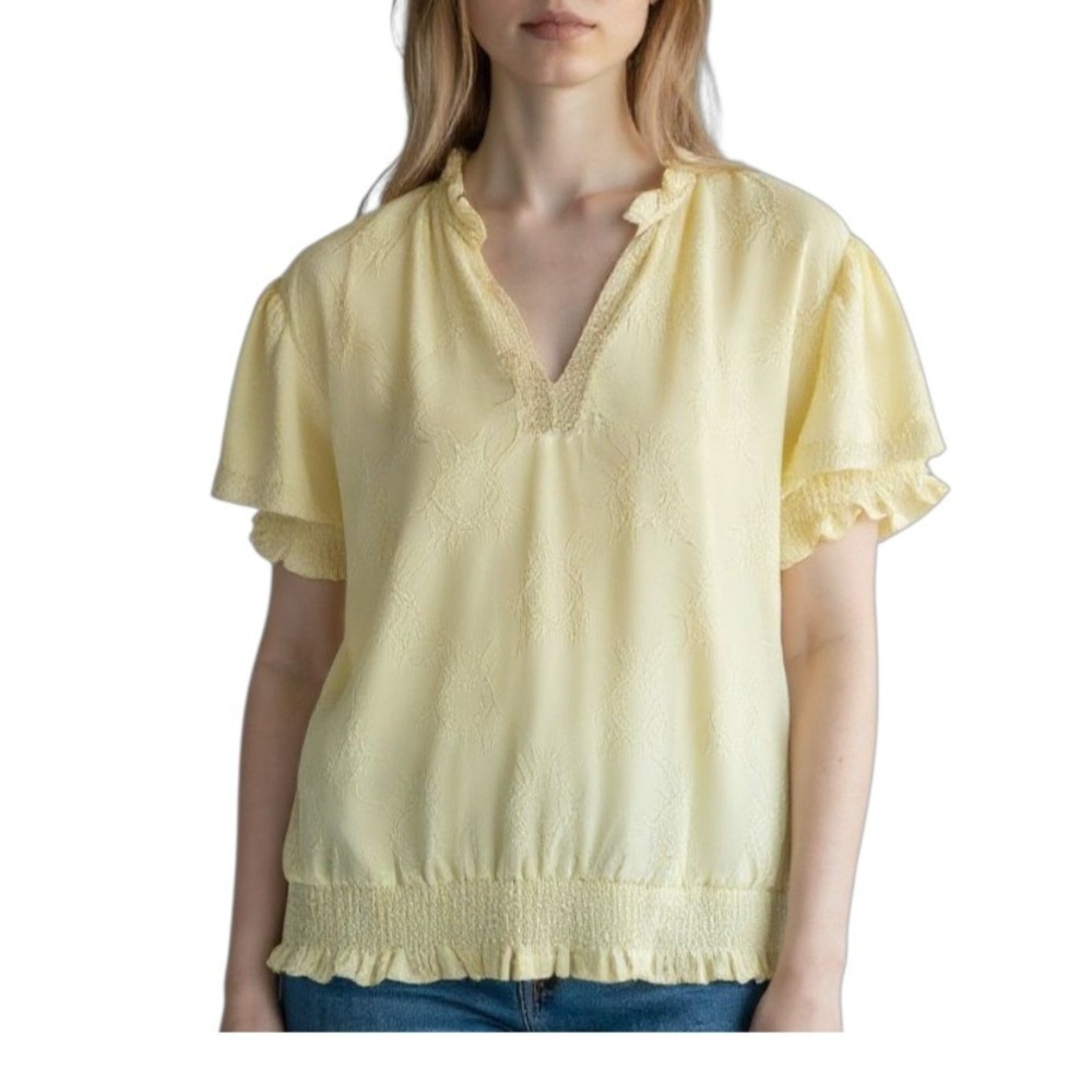 Andrew Marc New York‎ Yellow Textured V Neck Smocked Hem Ruffle Sleeve Blouse XL
